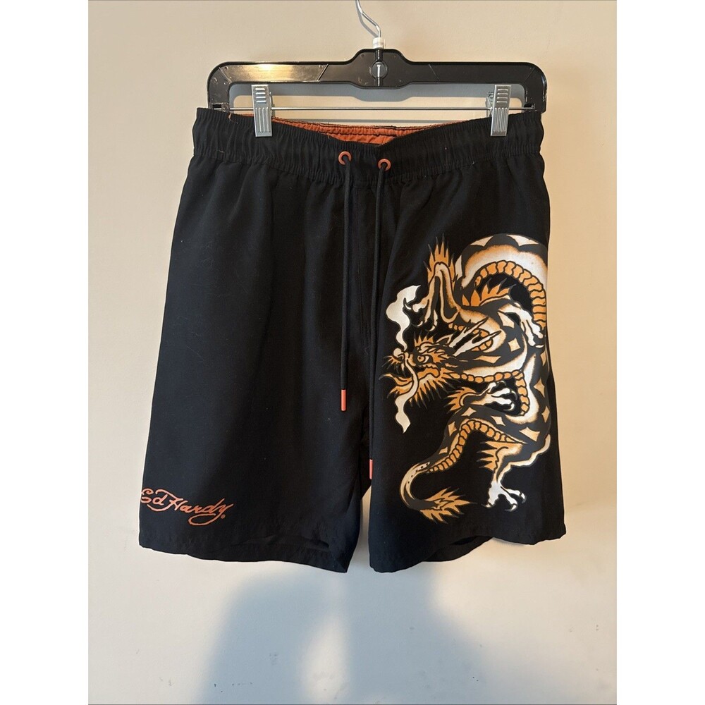 ED HARDY DRAGON DRAWSTRING LINED SWIM BOARD SHORTS MEN SIZE MEDIUM BLACK UPF 50